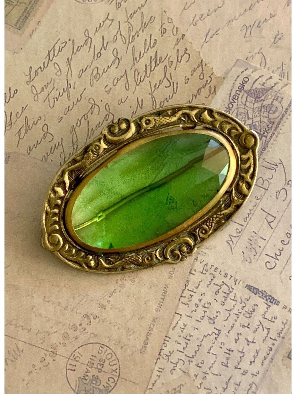 Vintage  Antique Green Crystal Ornate Oval Brooch Victorian Revival